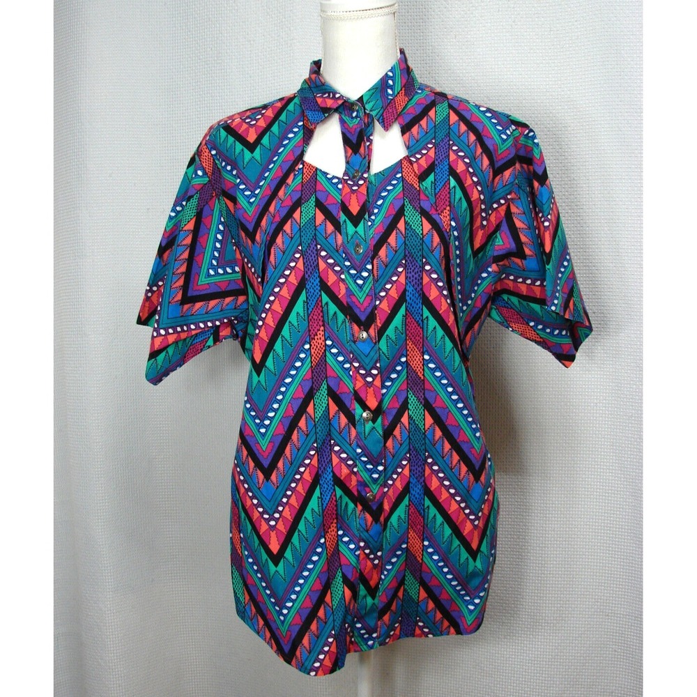 Vtg American Hero Western Shirt Southwestern Aztec Chevron Cut Out Detail Size M